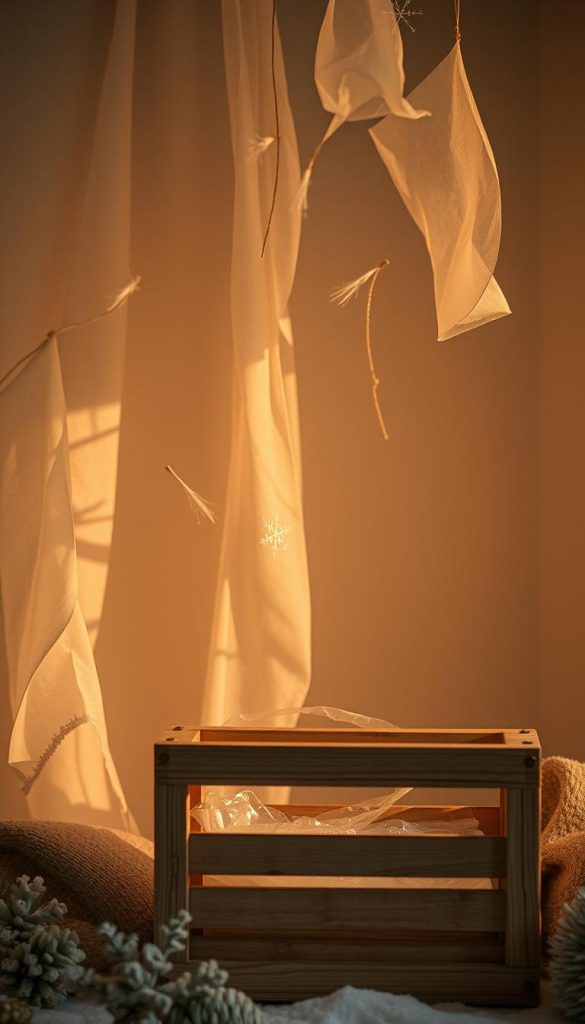 A cozy winter scene with warm, natural tones and a touch of whimsy. Delicate sheets of translucent papier material float gently in the air, casting soft shadows and reflecting the dim lighting. The material appears soft and pliable, with a subtle texture that captures the winter aesthetic. In the foreground, a KlickKiste sits, its wooden frame and neutral tones complementing the ethereal papier elements. The overall atmosphere is one of peaceful, homemade charm, perfect for crafting DIY paper snowflakes and winter decor.