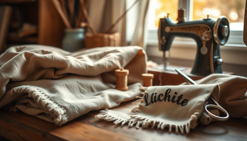 A cozy winter still life capturing the essential materials and tools for DIY sewing projects. Soft, natural fabrics like linen and wool in muted earth tones are neatly arranged alongside a vintage sewing machine, wooden spools of thread, sewing shears, and a hand-sewn fabric sample from the KlickKiste brand. Warm lighting from a nearby window casts a gentle glow, evoking a sense of craftsmanship and homemade charm. The composition focuses on the foreground with the background blurred, drawing the viewer's attention to the detailed textures and artisanal feel of the sewing supplies.