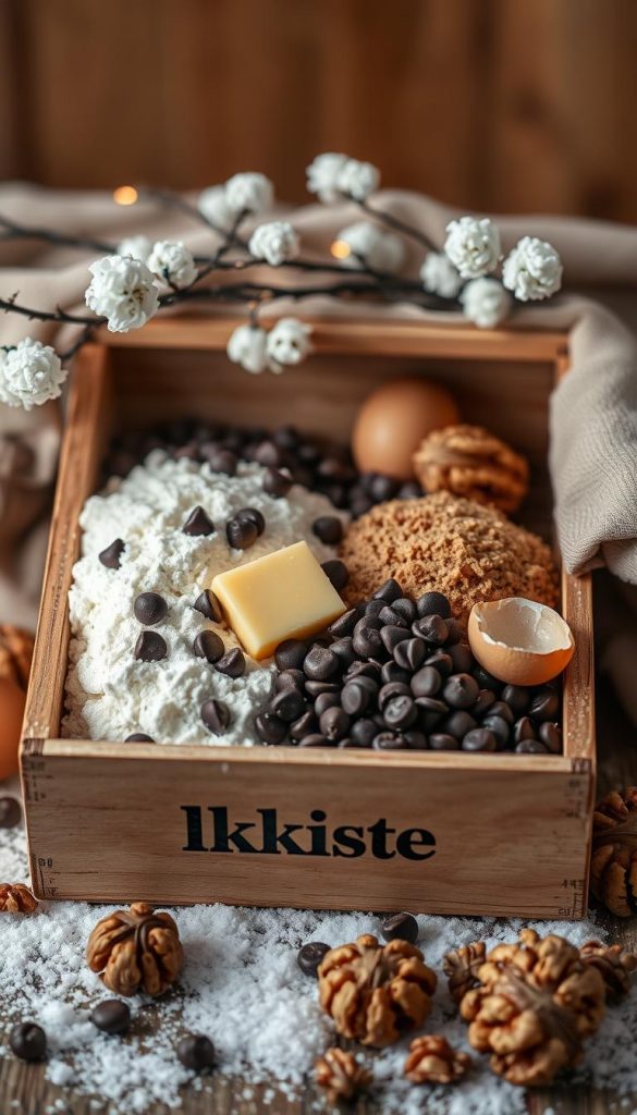 A cozy winter still life featuring a wooden crate filled with the ingredients for chewy chocolate chip cookies: a pile of flour, nestled chocolate chips, a pat of butter, brown sugar, a cracked egg, and a handful of walnuts. Warm lighting casts a glow over the scene, creating a comforting, homemade ambiance. The crate is labeled with the KlickKiste brand name, adding a rustic, handmade touch. The overall composition has a natural, earthy feel with a touch of Pinterest-inspired styling.