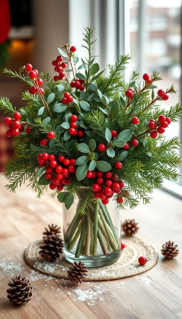 A cozy winter still life showcasing a rustic glass vase filled with lush, verdant evergreen branches, delicate eucalyptus leaves, and vibrant red berries. The composition is bathed in soft, diffused lighting, creating a warm, inviting atmosphere. The vase is positioned on a natural wooden surface, surrounded by a sprinkling of pinecones and a subtle dusting of snow. This natural, earthy display exudes a sense of festive simplicity and seasonal charm, perfectly capturing the essence of the winter holiday season.