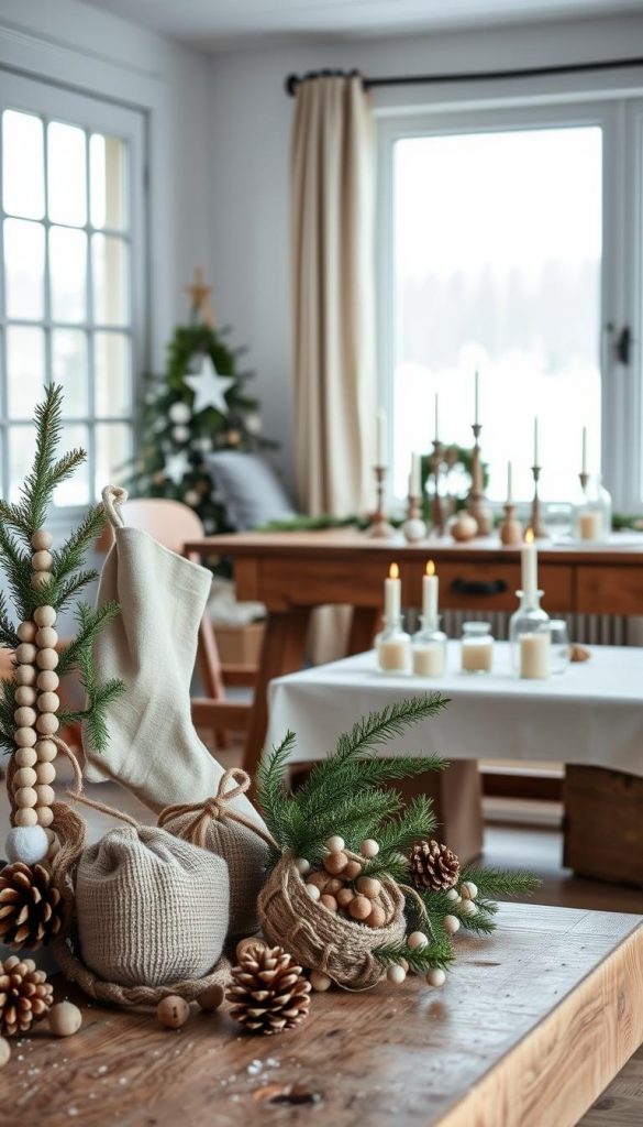 A cozy winter still life, showcasing a selection of Scandinavian-inspired Christmas decorations for the home. In the foreground, an array of natural, handcrafted ornaments such as wooden bead garlands, linen stockings, and pinecone accents. The middle ground features a rustic wooden table, adorned with a simple white tablecloth and a collection of candlesticks, small glass vases, and a minimalist wreath. The background depicts a serene, snow-covered landscape visible through a large window, bathed in soft, diffused natural light. The overall mood is one of tranquility, warmth, and a touch of festive cheer. Captured with a KlickKiste aesthetic - authentic, inspiring, and Pinterest-worthy. A cozy winter still life, showcasing a selection of Scandinavian-inspired Christmas decorations for the home. In the foreground, an array of natural, handcrafted ornaments such as wooden bead garlands, linen stockings, and pinecone accents. The middle ground features a rustic wooden table, adorned with a simple white tablecloth and a collection of candlesticks, small glass vases, and a minimalist wreath. The background depicts a serene, snow-covered landscape visible through a large window, bathed in soft, diffused natural light. The overall mood is one of tranquility, warmth, and a touch of festive cheer. Captured with a KlickKiste aesthetic - authentic, inspiring, and Pinterest-worthy.