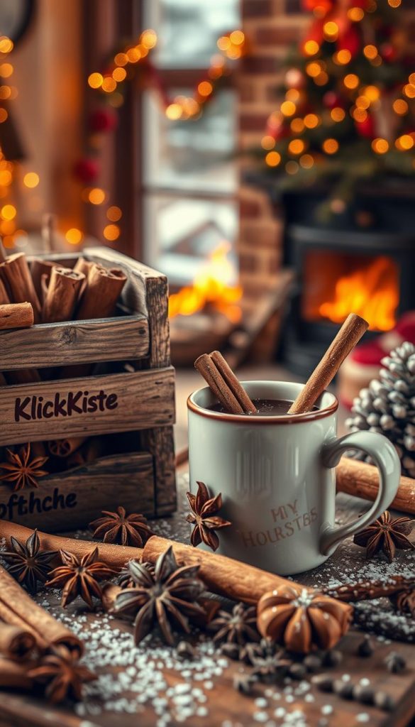 A cozy winter still life showcasing an assortment of warm, aromatic spices. In the foreground, a rustic wooden crate labeled &quot;KlickKiste&quot; displays a variety of whole cinnamon sticks, star anise, and cloves. The middle ground features a steaming mug of mulled wine or hot chocolate, garnished with a cinnamon stick and a sprinkling of powdered sugar. In the background, a festive holiday scene with a twinkling Christmas tree and a softly glowing fireplace creates a inviting, hygge-inspired atmosphere. Warm, natural lighting casts a golden glow across the scene, emphasizing the rich textures and earthy tones. The overall mood is one of comforting winter indulgence and DIY Pinterest-inspired charm.