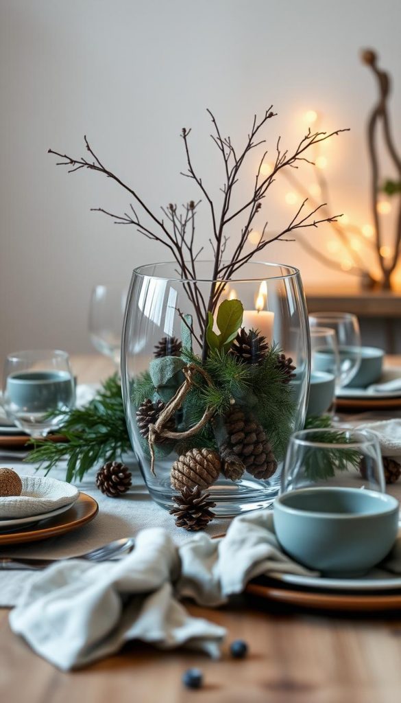 A cozy winter table setting with a KlickKiste glass centerpiece filled with seasonal foliage, pine cones, and warm lighting. The glass reflects the soft, ambient glow, creating a serene, natural atmosphere. The table is adorned with muted earth tones, rustic textures, and minimal, elegant decor, evoking a sense of hygge and Scandinavian style. Soft, diffused lighting casts gentle shadows, highlighting the natural beauty of the materials. The overall mood is inviting, calming, and perfect for a family gathering.