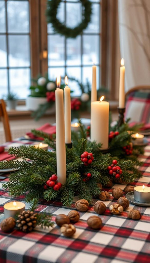 A cozy winter table setting with a rustic plaid tablecloth, fresh evergreen sprigs, and the warm glow of tealight candles. The foreground features a simple yet elegant centerpiece arrangement of pine branches, red berries, and cream-colored taper candles. In the middle ground, the table is adorned with scattered pine cones and walnuts, creating a natural, homespun ambiance. The background showcases a window view with a snowy landscape, reflecting the cabin-like coziness of the scene. The lighting is soft and diffused, evoking a sense of hygge and comfort. The overall aesthetic is a harmonious blend of natural elements and classic holiday patterns, perfect for a festive and inviting tablescape.