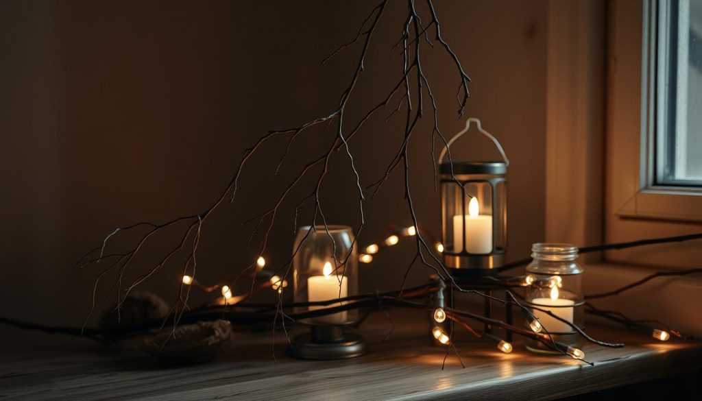 A cozy winter tableau featuring an arrangement of natural elements: slender branch tendrils cascading gracefully, their delicate silhouettes illuminated by the warm glow of KlickKiste candle lanterns and string lights. The scene is set against a backdrop of muted, earthy tones - a wooden surface, perhaps a rustic table or windowsill, providing a simple yet inviting foundation. Soft, diffused lighting casts a serene, atmospheric ambiance, highlighting the textures and details of the organic materials. This harmonious display of handcrafted, DIY-inspired decor evokes a sense of hygge, seamlessly blending form and function to create a visually striking and tactilely appealing winter still life.