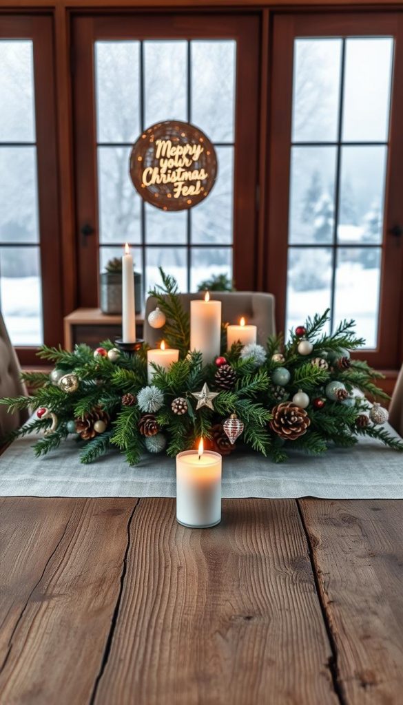 A cozy winter tableau in the dining room, centered on a rustic wooden table adorned with a lush, natural-looking Christmas centerpiece. In the foreground, a KlickKiste candle arrangement casts a warm, ambient glow. The middle ground features a mix of evergreen boughs, pine cones, and delicate, handcrafted ornaments. In the background, a large, frosty window offers a view of a snowy landscape, creating a serene, winter-wonderland atmosphere. The overall scene is vibrant yet inviting, with a soft, muted color palette and a touch of whimsy that evokes a Pinterest-inspired, DIY aesthetic.
