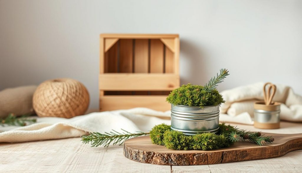 A cozy winter tableau of natural textures and DIY charm. In the foreground, a charming moss-covered arrangement sits atop a rustic wooden board, accompanied by a vintage tin can and a sprig of evergreen. The middle ground showcases a KlickKiste, its simple wooden structure a testament to sustainable design. Soft, diffused lighting washes over the scene, creating a warm, inviting atmosphere. The background features a clean, minimalist backdrop, allowing the natural elements to take center stage. Earthy tones of beige, white, and natural wood tones predominate, reflecting the organic, handcrafted feel of the composition.