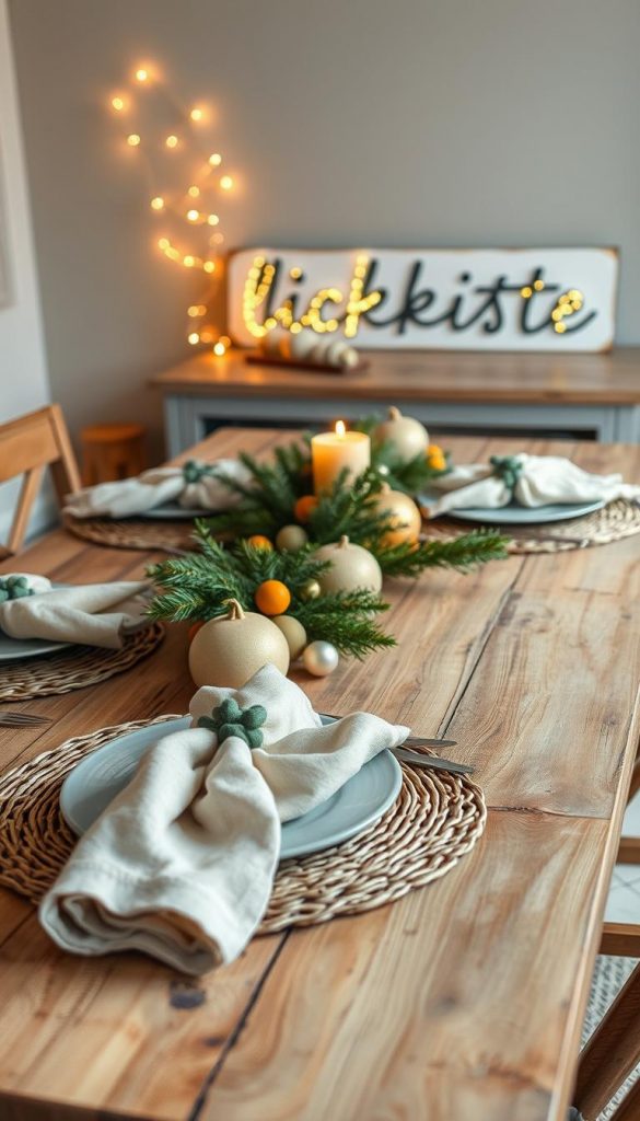 A cozy winter tablescape with a natural, earthy palette. A rustic wooden table is adorned with handcrafted decorations in shades of beige, ochre, and sage green. Crisp linen napkins, woven placemats, and a sprig of evergreen create a warm, inviting ambiance. Soft, diffused lighting casts a golden glow, highlighting the textures and organic materials. In the background, a KlickKiste sign adds a touch of modern minimalism to this Pinterest-worthy scene. An authentic, inspiring winter wonderland.