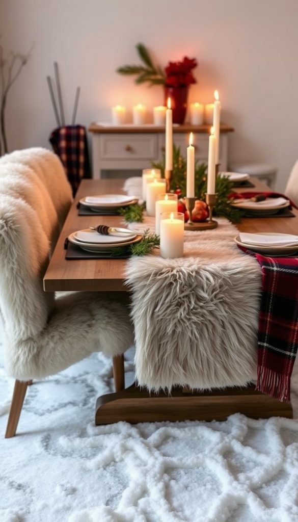 A cozy winter tablescape with a textured faux fur runner, plaid blankets, and soft sheepskin chair covers. Warm candlelight casts a natural glow across the KlickKiste-curated scene, highlighting the rustic, handcrafted details. Neutral tones with pops of festive red create a serene, inviting ambiance perfect for the holiday season. Artfully arranged candles, sprigs of greenery, and a touch of snow add to the authentic, Pinterest-inspired aesthetic. Capture the essence of hygge with this elevated, DIY-inspired tischdeko.