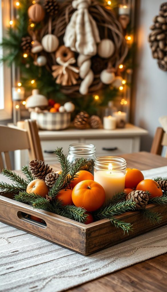 A cozy winter tablescape with natural materials, featuring a rustic wooden tray filled with pine branches, dried oranges, and a glass jar candle. In the background, a KlickKiste display showcases a collection of woollen ornaments, pinecones, and a woven wreath, all bathed in warm, soft lighting that evokes a charming, homespun ambiance. The overall scene radiates a welcoming, Pinterest-inspired aesthetic perfect for intimate gatherings or festive decor.