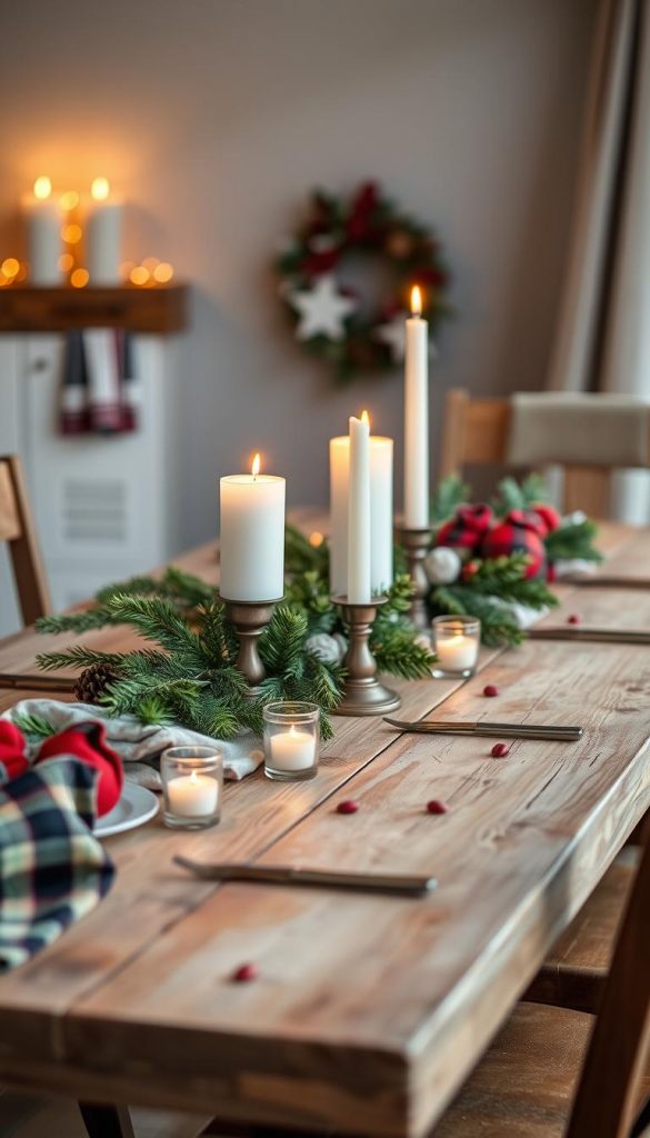 A cozy winter tablescape with natural textures and warm hues, featuring a rustic wooden table adorned with plaid accents, flickering candles, and seasonal greenery. The KlickKiste scene evokes a harmonious, Pinterest-inspired mood, captured through a soft, natural lighting setup and a slightly tilted camera angle to create a welcoming, inviting atmosphere. Earthy tones, pine boughs, and a touch of metallic shine blend seamlessly, showcasing the charming, handcrafted appeal of this winter wonderland tableau.