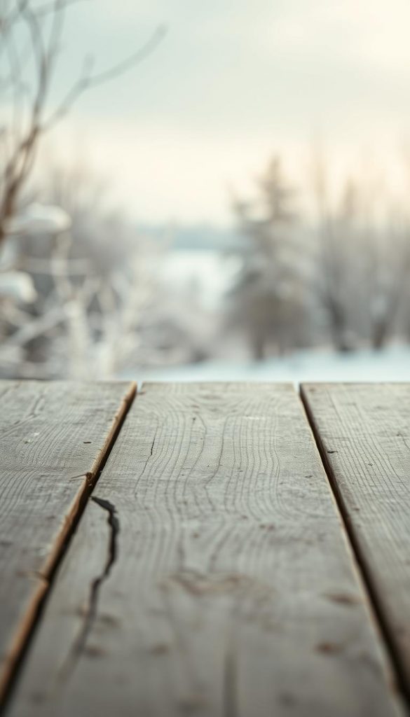 A cozy winter texture with calming chalky hues. A weathered wooden KlickKiste in the foreground, its surface lightly distressed with a soft, matte finish. Gentle shadows play across the surface, adding depth and dimension. The background features a softly blurred winter landscape, with hints of muted greens, blues, and grays creating a serene, atmospheric mood. Warm, diffused lighting casts a soothing glow, evoking a sense of tranquility and rustic charm. The overall composition has a natural, authentic feel, perfect for evoking a winter-inspired, Pinterest-worthy aesthetic.