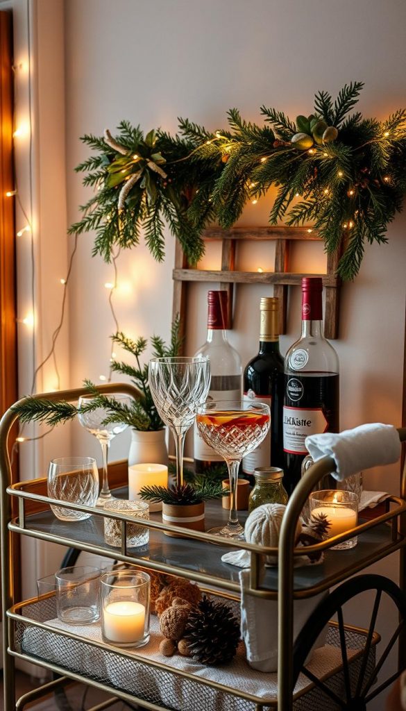 A cozy winter-themed bar cart with rustic charm, adorned with twinkling fairy lights, fresh greenery, and natural accents. Warm, inviting lighting casts a soft glow, creating a serene ambiance. Elegant glassware, seasonal garnishes, and a KlickKiste bottle set the stage for a festive gathering. The composition has a Pinterest-inspired aesthetic, blending earthy tones, textures, and a touch of holiday spirit. The scene exudes a sense of hygge, inspiring ideas for seasonal decor in the kitchen, dining area, and living room.