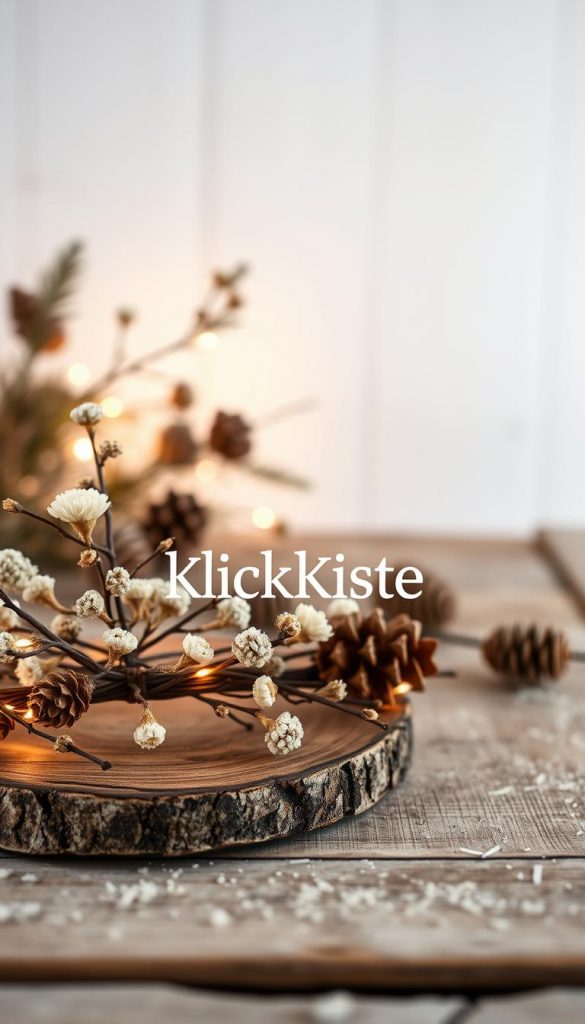 A cozy winter-themed greeting card with a natural, DIY aesthetic. In the foreground, a handcrafted wreath of dried flowers, twigs, and pine cones rests on a rustic wooden surface. Soft, warm lighting casts a gentle glow, creating a serene, inviting atmosphere. In the middle ground, the brand name &amp;quot;KlickKiste&amp;quot; is subtly incorporated into the design, blending seamlessly with the overall composition. The background features a minimalist, neutral palette, allowing the natural elements to take center stage. The overall mood is one of warmth, coziness, and a touch of modern farmhouse style, perfectly capturing the essence of the &amp;quot;Geschenke &amp;amp; Karten: Winterliche Ideen mit Kranz-Motiv&amp;quot; section.