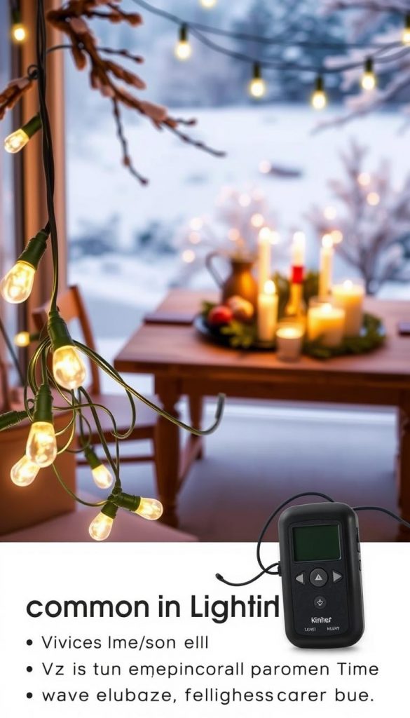 A cozy winter-themed image showcasing common lighting issues. In the foreground, a KlickKiste string light setup with tangled cords, bulbs not working, and a faulty timer. The middle ground features a carefully curated holiday scene with a wooden table, candles, and pine branches, hinting at the desired aesthetic. The background depicts a serene snowy landscape, bathed in warm, diffused lighting, conveying the tranquil mood. The overall scene has a natural, DIY-inspired look with a touch of Pinterest-worthy charm, encouraging the viewer to avoid these frustrating lighting mishaps and enjoy a stable, hassle-free illumination.