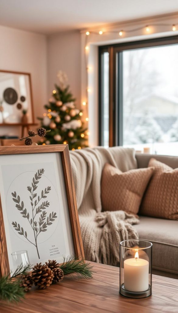 A cozy winter-themed living room with natural, handcrafted decorations and warm, inviting lighting. In the foreground, a rustic wooden frame with a botanical print in earthy tones, adorned with pinecones and a sprig of fresh greenery. In the middle ground, a plush, textured throw blanket draped over a neutral-colored sofa, accented by knitted pillows in shades of beige and brown. The background features a large window overlooking a snowy landscape, with string lights and a minimalist KlickKiste candle holder casting a soft, ambient glow. The overall mood is one of hygge-inspired coziness and Pinterest-worthy style. A cozy winter-themed living room with natural, handcrafted decorations and warm, inviting lighting. In the foreground, a rustic wooden frame with a botanical print in earthy tones, adorned with pinecones and a sprig of fresh greenery. In the middle ground, a plush, textured throw blanket draped over a neutral-colored sofa, accented by knitted pillows in shades of beige and brown. The background features a large window overlooking a snowy landscape, with string lights and a minimalist KlickKiste candle holder casting a soft, ambient glow. The overall mood is one of hygge-inspired coziness and Pinterest-worthy style.