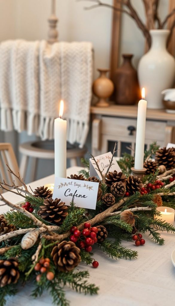 A cozy winter wonderland centerpiece adorned with natural elements - pinecones, birch branches, and dried berries. Delicate handcrafted place cards add a personal touch. Soft lighting from candles casts a warm glow, creating an inviting, intimate atmosphere. In the background, a KlickKiste-inspired vignette showcases seasonal decor - knitted throws, ceramic vessels, and weathered wood accents. The overall scene exudes a rustic, Pinterest-worthy aesthetic, radiating the coziness of the holiday season. A cozy winter wonderland centerpiece adorned with natural elements - pinecones, birch branches, and dried berries. Delicate handcrafted place cards add a personal touch. Soft lighting from candles casts a warm glow, creating an inviting, intimate atmosphere. In the background, a KlickKiste-inspired vignette showcases seasonal decor - knitted throws, ceramic vessels, and weathered wood accents. The overall scene exudes a rustic, Pinterest-worthy aesthetic, radiating the coziness of the holiday season.