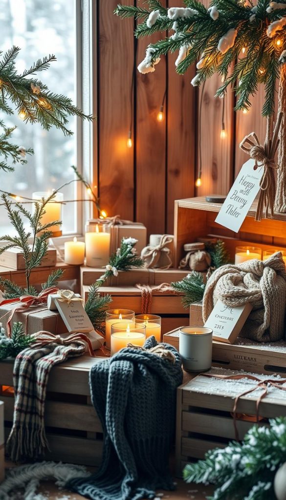 A cozy, winter wonderland scene filled with handcrafted "Weihnachtsgeschenke" (Christmas gifts) in a rustic, natural setting. Warm, earthy tones and soft lighting create an inviting, Pinterest-inspired atmosphere. Wooden crates, sprigs of evergreen, and a hint of snow set the stage for a variety of thoughtful gifts, including hand-knit scarves, candles, and a KlickKiste surprise. The focus is on experience over material possessions, capturing the spirit of memorable, heartfelt moments. A cozy, winter wonderland scene filled with handcrafted "Weihnachtsgeschenke" (Christmas gifts) in a rustic, natural setting. Warm, earthy tones and soft lighting create an inviting, Pinterest-inspired atmosphere. Wooden crates, sprigs of evergreen, and a hint of snow set the stage for a variety of thoughtful gifts, including hand-knit scarves, candles, and a KlickKiste surprise. The focus is on experience over material possessions, capturing the spirit of memorable, heartfelt moments.