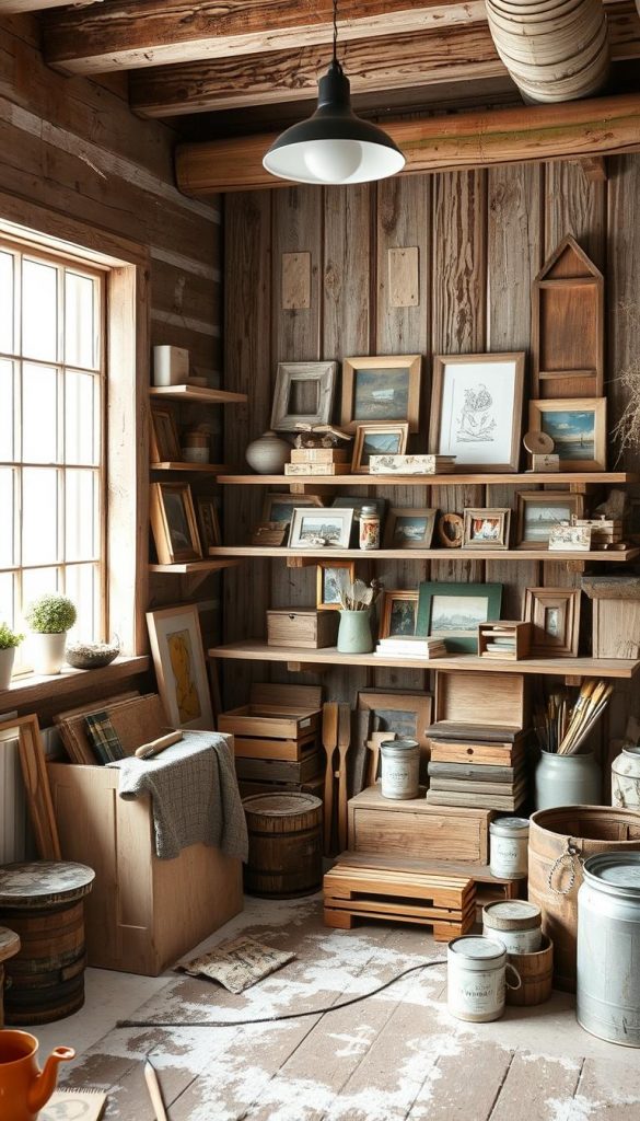 A cozy winter workshop filled with rustic charm. Sunlight streams through a large window, casting a warm glow on a KlickKiste overflowing with reclaimed wood treasures. Carefully curated pieces - shelves, picture frames, trinket boxes - await creative transformation. Brushes, paint cans, and stencils hint at the DIY magic to come. Weathered textures and natural tones evoke a Pinterest-worthy aesthetic. A sense of anticipation lingers, as this intimate space inspires upcycling projects to breathe new life into old materials. Authentic and inspiring, this holz upcycling scene captures the essence of &quot;Upcycling &amp; schnelle Verschönerungen: mehr Charakter ohne Neubau&quot;.