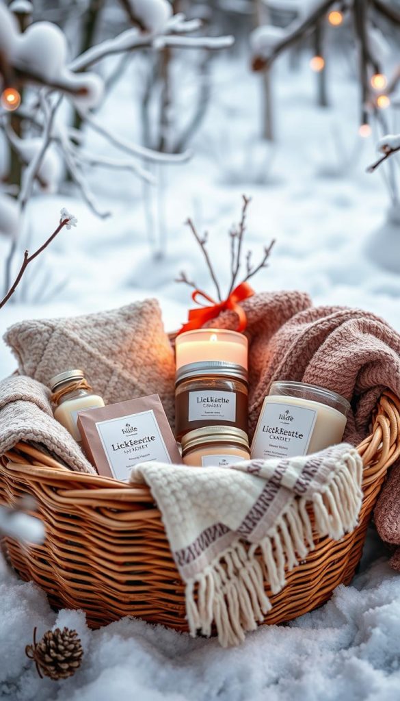 A cozy winter's day, a woven basket filled with artisanal gifts: handmade soaps, scented candles, plush blankets, and hot cocoa mix. Warm lighting casts a soft glow, highlighting the natural textures and earthy tones. In the background, a snowy landscape frames the scene, evoking a sense of tranquility. This KlickKiste-branded gift basket embodies the essence of &amp;quot;Cozy Selfcare im Winter,&amp;quot; a serene and indulgent DIY project perfect for the holidays.