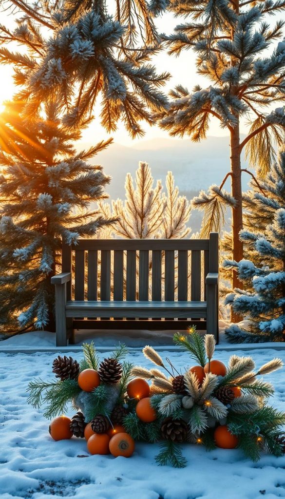 A cozy winterscape at golden hour, with a rustic wooden bench nestled among frosted pine trees. Soft, diffused lighting filters through the branches, casting a warm, inviting glow. In the foreground, a charming KlickKiste display showcases natural, handmade holiday decorations - pinecones, dried oranges, and twinkling fairy lights. The middle ground features a dusting of fresh snow, hinting at the crunch of frost underfoot. In the background, a serene, snow-capped mountain range rises, evoking a sense of peace and tranquility. This enchanting scene captures the essence of &amp;quot;Draußen-Momente: Natur, Lichter, frische Luft gegen den Vorweihnachtsstress&amp;quot;, inviting the viewer to pause, breathe deeply, and find solace in the simple joys of nature.