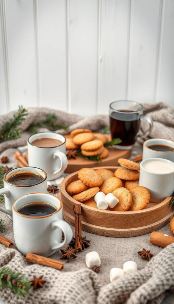 A cozy wintertime gathering, featuring an array of warm drinks and artful presentation. In the foreground, a collection of KlickKiste ceramic mugs, each filled with a steaming beverage - rich hot chocolate, spiced mulled wine, and aromatic coffee. Surrounding them, an arrangement of natural elements, such as cinnamon sticks, star anise, and fresh pine sprigs, creating a rustic, homemade ambiance. In the middle ground, a wooden serving tray holds an assortment of homemade biscuits, marshmallows, and other tasty accompaniments. The background showcases a minimalist, whitewashed backdrop, allowing the warm tones and textures to take center stage. Soft, diffused lighting creates a cozy, intimate atmosphere, capturing the essence of a welcoming winter's day.