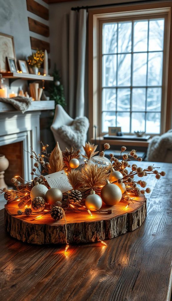 A cozy wintertime scene of natural elegance, featuring a rustic wooden table adorned with delicate handcrafted ornaments. Twinkling lights cast a warm glow, illuminating the textured surfaces of aged wood, paper, and dried botanicals. Soft shadows dance across the tableau, creating an atmosphere of nostalgic charm. In the background, a fireplace mantlepiece displays vintage-inspired decor, while a large window frames a serene outdoor landscape blanketed in fresh snow. This harmonious composition celebrates the beauty of simplicity, blending the timeless allure of nature with the comforting spirit of the holiday season.