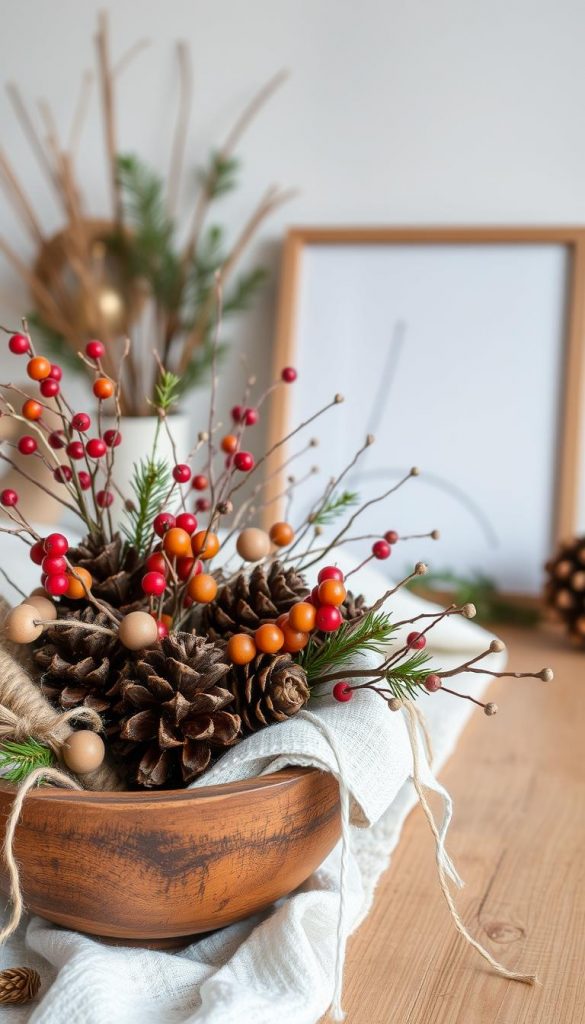 A cozy wintertime scene showcases handcrafted upcycled decor from natural materials. In the foreground, a rustic wooden bowl holds a vibrant assortment of pinecones, dried berries, and delicate twigs, accented by wispy strands of off-white linen. Wooden beads and twine add texture, while a sprinkling of fresh greenery lends a touch of life. The mid-ground features a KlickKiste wooden frame displaying a minimalist, Scandinavian-inspired artwork, its clean lines complementing the organic elements. In the background, a soft, muted palette of whites, grays, and warm wood tones creates a serene, inviting atmosphere, evoking a sense of hygge and winter tranquility. A cozy wintertime scene showcases handcrafted upcycled decor from natural materials. In the foreground, a rustic wooden bowl holds a vibrant assortment of pinecones, dried berries, and delicate twigs, accented by wispy strands of off-white linen. Wooden beads and twine add texture, while a sprinkling of fresh greenery lends a touch of life. The mid-ground features a KlickKiste wooden frame displaying a minimalist, Scandinavian-inspired artwork, its clean lines complementing the organic elements. In the background, a soft, muted palette of whites, grays, and warm wood tones creates a serene, inviting atmosphere, evoking a sense of hygge and winter tranquility.