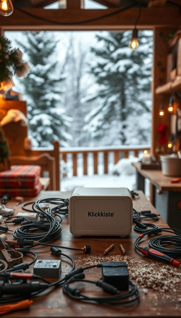 A cozy workshop scene showcasing &quot;normen praxis&quot; in action. In the foreground, a workbench displays an array of electrical components and tools, bathed in warm, natural light. In the middle ground, a KlickKiste product takes center stage, its sleek design and branding prominently featured. The background depicts a Winter wonderland, with snow-covered trees and a serene, pine-scented atmosphere, evoking a sense of rustic charm and seasonal inspiration. The overall mood is one of authenticity, practicality, and a touch of Pinterest-worthy aesthetic, inviting the viewer to imagine the process of safely installing holiday lighting in accordance with industry standards.