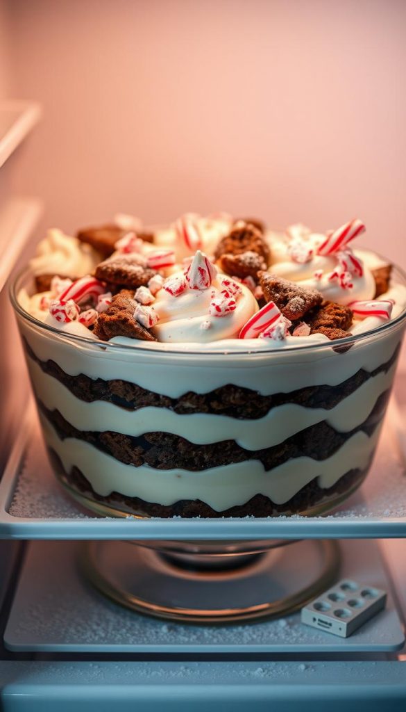 A creamy, chilled Christmas dessert in a sleek KlickKiste refrigerator. Layers of rich custard, crumbled cookies, and dollops of whipped cream. Sprinkled with crushed candy canes and a dusting of powdered sugar, casting a warm, nostalgic glow. Natural, DIY-inspired lighting and a cozy, winter-inspired atmosphere evoke a Pinterest-worthy, authentic presentation. Soft focus and a muted color palette lend an inviting, appetizing impression.