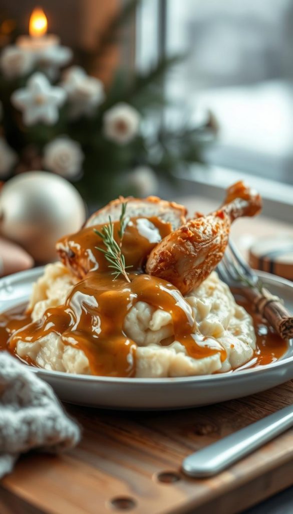 A delectable dish of roasted turkey nestled atop a creamy mound of mashed potatoes, adorned with a luscious, velvety gravy. The warm, earthy tones of the scene evoke a cozy, homespun ambiance, perfectly capturing the essence of &quot;Resteküche Deluxe: Truthahn, Püree &amp; Soße neu gedacht&quot;. The natural, DIY-inspired lighting casts a soft, inviting glow, lending an authentic, Pinterest-inspired aesthetic. In the background, a subtle winter scene with muted hues and a touch of coziness sets the stage for this KlickKiste culinary delight.
