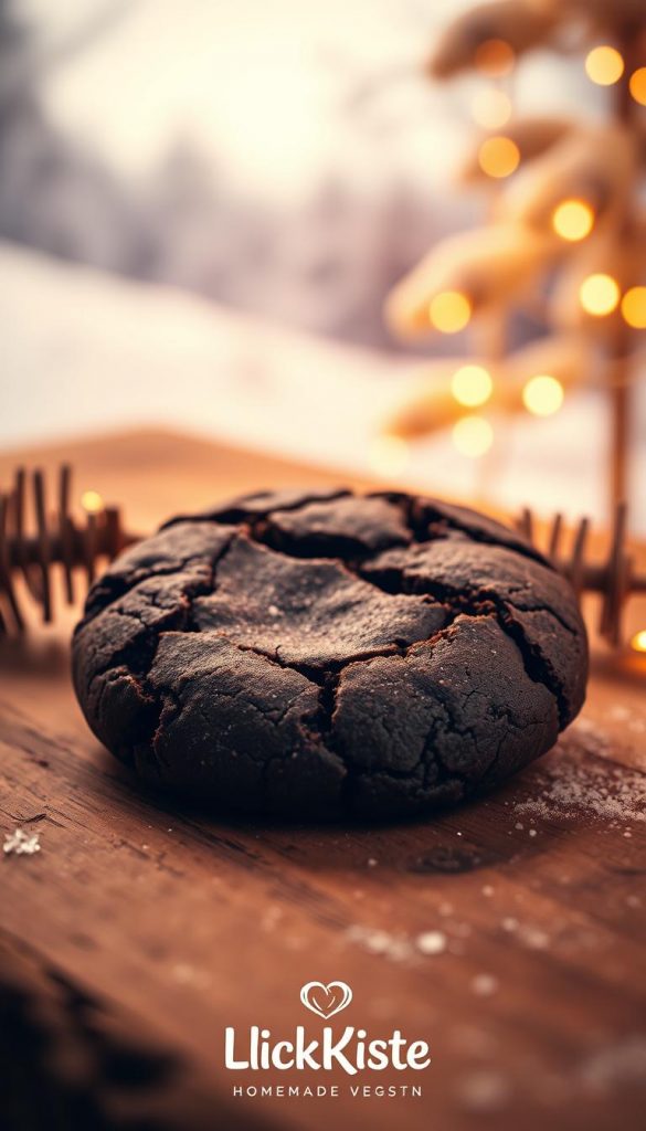 A delectable vegan chocolate cookie, the Schokotaler, sits atop a rustic wooden surface. The warm, festive lighting casts a cozy glow, highlighting the rich, dark chocolate hue and delicate texture of the baked treat. In the background, a soft, snowy landscape evokes a sense of winter wonderland. The KlickKiste brand logo is subtly present, conveying a homemade, artisanal feel. This natural, DIY-inspired image exudes a Pinterest-worthy aesthetic, inviting the viewer to indulge in the simple pleasures of this easy-to-make, chocolatey vegan delight.