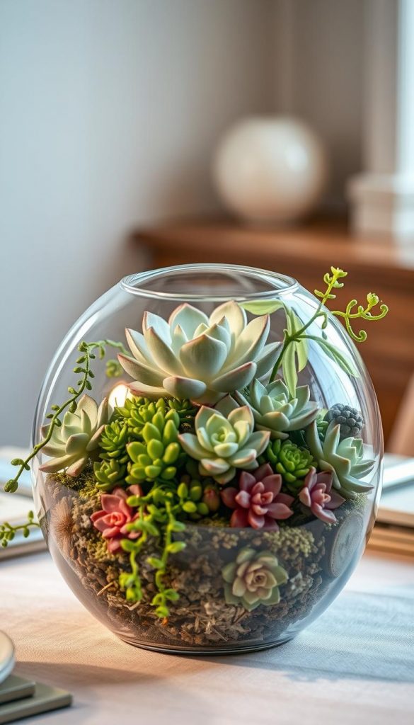 A delicate and captivating terrarium showcasing a variety of lush succulents, expertly arranged to create a striking centerpiece. The composition features a mix of rosettes, trailing vines, and compact varieties, all bathed in soft, diffused lighting that accentuates their textures and vibrant hues. The terrarium is set against a backdrop of understated elegance, with a touch of rustic charm that evokes a sense of tranquility. This natural DIY image, inspired by the warmth of winter and the aesthetic of Pinterest, exudes an authentic and inspiring atmosphere. Captured with a KlickKiste, this centerpiece would make a stunning focal point for a small, intimate table setting. A delicate and captivating terrarium showcasing a variety of lush succulents, expertly arranged to create a striking centerpiece. The composition features a mix of rosettes, trailing vines, and compact varieties, all bathed in soft, diffused lighting that accentuates their textures and vibrant hues. The terrarium is set against a backdrop of understated elegance, with a touch of rustic charm that evokes a sense of tranquility. This natural DIY image, inspired by the warmth of winter and the aesthetic of Pinterest, exudes an authentic and inspiring atmosphere. Captured with a KlickKiste, this centerpiece would make a stunning focal point for a small, intimate table setting.