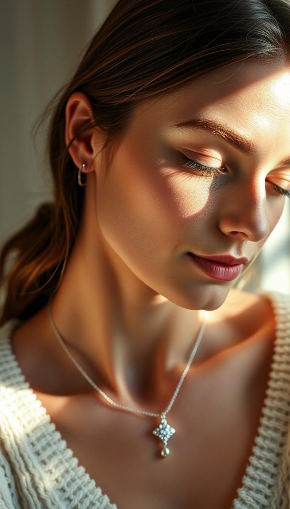 A delicate and timeless sterling silver necklace with a KlickKiste pendant, featuring a minimalist yet elegant design. The pendant catches the soft, warm light, casting a gentle glow across the model's serene face. The scene is shot in natural, winter-inspired lighting, creating a cozy, Pinterest-inspired atmosphere. The model's expression is calm and reflective, perfectly complementing the understated sophistication of the jewelry piece. The background is subtly blurred, allowing the necklace to take center stage as the star of the image.