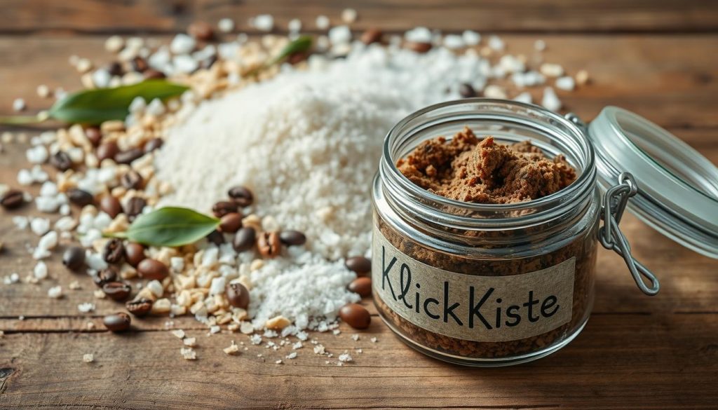 A delicate arrangement of natural exfoliants - sugar crystals, freshly ground coffee beans, and verdant green tea leaves - spills across a rustic wooden surface. Soft, diffused lighting highlights the peeling textures, creating a soothing, homemade ambiance. In the foreground, a glass jar labeled &quot;KlickKiste&quot; holds the bespoke scrub, ready to be scooped and massaged onto skin, revealing a radiant, nourished glow. The muted palette of beige, white, and earthy tones evokes a sense of tranquility and self-care, perfect for crafting thoughtful, handmade skincare gifts.