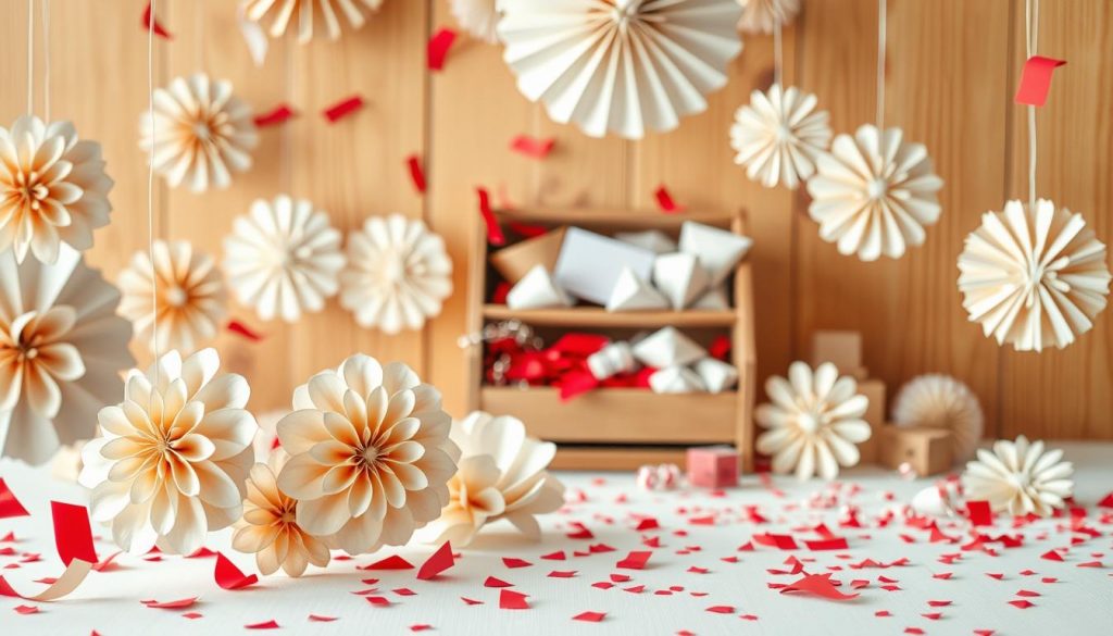 A delicate array of handcrafted paper decorations takes center stage. In the foreground, intricate rosettes in shades of beige and white flutter gracefully, complemented by playful confetti in a vibrant red hue. In the middle ground, a KlickKiste overflows with DIY materials, hinting at the creative potential. The background features a warm, natural wooden backdrop, casting a soft, inviting glow. Soft, diffused lighting highlights the delicate textures and shapes, creating a serene, whimsical atmosphere perfect for a Silvester celebration.