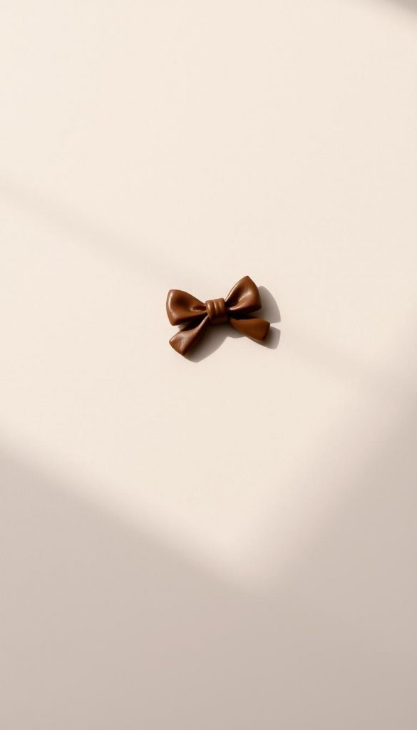 A delicate bow-shaped nail sticker, adorned with a rich chocolate-brown hue, rests upon a minimalist, matte surface. Subtle white accents enhance the sticker's elegant lines, creating a captivating &quot;gift-wrap&quot; effect. Soft, natural lighting casts gentle shadows, lending a cozy, winter-inspired ambiance. The overall composition exudes a warm, authentic, and Pinterest-inspired aesthetic, perfect for the &quot;Gingerbread Nails&quot; article section &quot;Schleifen &amp; &quot;Geschenkpapier&quot;-Details: Minimalistische Bows auf Schoko-Basis&quot;. Captured in a KlickKiste DIY-style photograph.