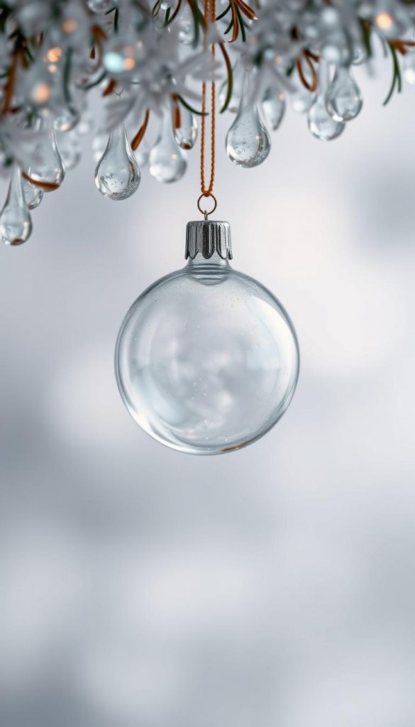 A delicate glass ornament hangs amidst a cluster of crystal-like droplets, reflecting the soft, diffused lighting. The foreground showcases the intricate texture and refractive qualities of the glass, with subtle color tones ranging from icy blues to warm amber hues. The middle ground features a hazy, atmospheric backdrop of muted grays and whites, evoking a serene, winter-inspired ambiance. The overall composition radiates a natural, DIY-inspired aesthetic with a touch of Pinterest-worthy elegance, perfectly suited to capture the essence of color and material trends for a contemporary Christmas tree design.