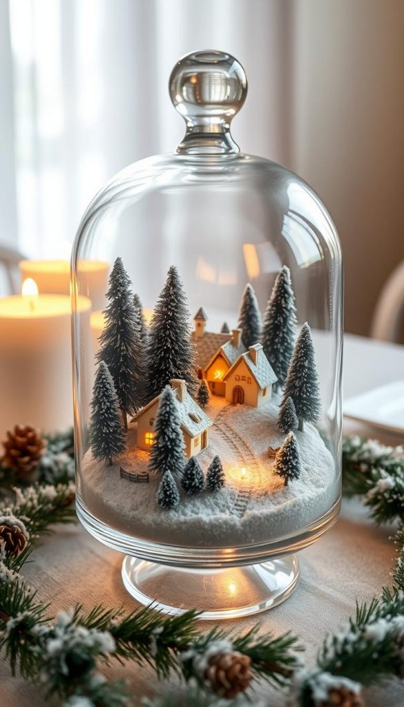 A delicate glass table centerpiece, adorned with a miniature winter village nestled beneath a cozy glass cloche. Soft, warm lighting casts a magical glow, creating a captivating &quot;KlickKiste&quot; scene. Intricate details of the tiny houses, trees, and paths invite exploration, evoking a sense of wonder and enchantment. The natural, DIY-inspired composition exudes a Pinterest-worthy ambiance, perfect for setting the mood on your wintry Christmas table. Authentic and inspiring, this mesmerizing centerpiece will be the heart and soul of your holiday gathering.