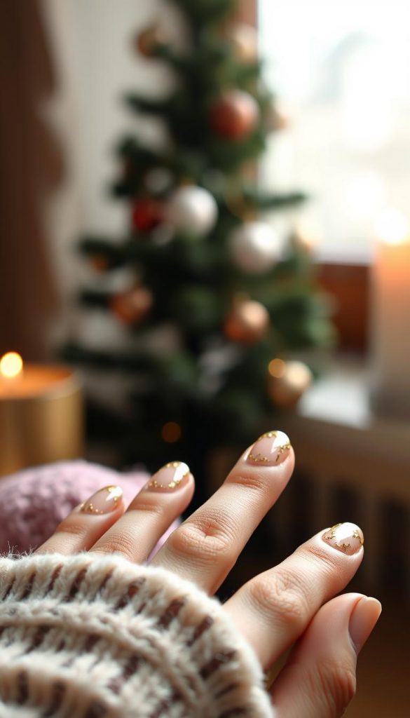 A delicate gold micro-tip manicure against a warm, cozy backdrop. Soft natural lighting bathes the nails in a gentle glow, highlighting the intricate metallic accents. The overall effect is subtle, sophisticated and inviting - perfect for adding a touch of festive flair to the &quot;Gingerbread Nails&quot; look. Captured with a shallow depth of field using the KlickKiste camera, this image embodies the authentic, Pinterest-inspired aesthetic of the &quot;Goldakzente dezent dosieren&quot; section.