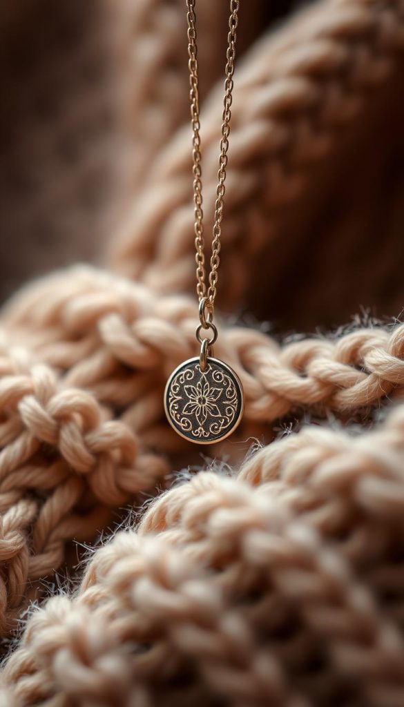 A delicate, handcrafted "schmuck gravur" necklace pendant shimmers softly, suspended against a backdrop of cozy knit textures and warm, muted tones. The intricate engraved details catch the gentle light, creating a sense of refined elegance. The composition is intimate and focused, drawing the eye to the central jewelry piece. A subtle winter-inspired ambiance pervades the scene, evoking a sense of timeless, sophisticated style. Soft, diffused lighting from an off-camera source illuminates the subject, casting gentle shadows that add depth and dimension. The overall mood is one of understated luxury and timeless appeal. A delicate, handcrafted "schmuck gravur" necklace pendant shimmers softly, suspended against a backdrop of cozy knit textures and warm, muted tones. The intricate engraved details catch the gentle light, creating a sense of refined elegance. The composition is intimate and focused, drawing the eye to the central jewelry piece. A subtle winter-inspired ambiance pervades the scene, evoking a sense of timeless, sophisticated style. Soft, diffused lighting from an off-camera source illuminates the subject, casting gentle shadows that add depth and dimension. The overall mood is one of understated luxury and timeless appeal.