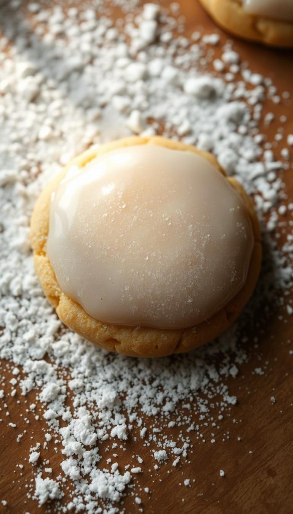 A delicate layer of shimmering sugar glaze adorns the surface of a perfectly baked cookie, casting a soft glow under natural lighting. The cookie's edges are neatly defined, showcasing its classic round shape. In the background, a sprinkling of powdered sugar creates a snowy, winter-inspired effect, evoking a sense of cozy, homemade charm. Warm, earthy tones complement the scene, lending a rustic, handcrafted aesthetic that is both visually appealing and appetizing. The overall composition exudes a Pinterest-inspired, DIY-style aesthetic, inspiring the viewer to create their own masterpieces in the kitchen.