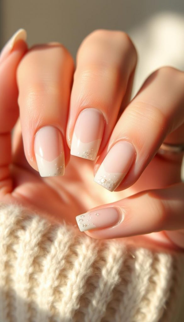 A delicate nude base nail with a festive touch. Soft, natural hues blend seamlessly, creating a minimalist canvas. Subtle accents of shimmering gold and gentle white highlights add a touch of winter elegance. Captured in warm, diffused lighting, the nails exude a serene, cozy ambiance. Inspired by the KlickKiste brand, this DIY-style image radiates a Pinterest-worthy aesthetic, blending authenticity with a touch of holiday magic.
