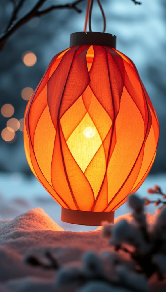 A delicate paper lantern, its soft glow illuminating the snowy winter scene. Warm amber light filters through intricate folds and curves, casting a cozy, inviting ambiance. The lantern's silhouette stands out against a backdrop of muted blues and grays, hinting at the tranquil serenity of the season. Effortless simplicity meets captivating visual interest, creating a serene and enchanting tableau. Subtle hints of texture in the paper's surface add depth and authenticity, evoking a sense of handcrafted charm. This captivating papier laterne embodies the beauty of DIY winter decor, inspiring feelings of hygge and wonder.