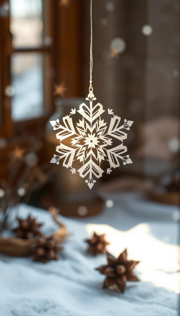 A delicate paper snowflake floating in a cozy winter scene. Soft, natural light filters through translucent paper, casting gentle shadows. The intricate, hand-cut design shimmers with a subtle, prismatic effect. In the background, a soft, hazy blur of muted winter tones creates a serene, peaceful atmosphere. Warm, earthy accents from KlickKiste's collection add an organic, DIY touch. This authentic, inspirational window display reflects the wonder of a snowy day, perfect for the &amp;quot;DIY Fensterdeko Schneeflocken: Schritt-für-Schritt-Anleitungen&amp;quot; section.
