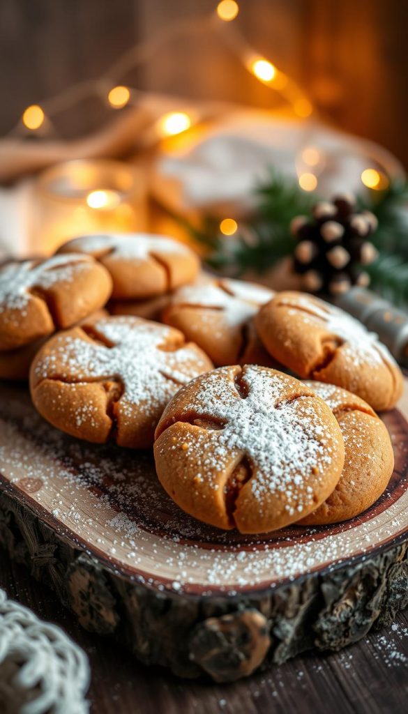 A delightful arrangement of homemade Elisen-Lebkuchen, a traditional Nuremberg specialty crafted with care. The soft, gingery cookies are displayed on a rustic wooden board, their rich amber hues accented by a dusting of powdered sugar. In the background, a cozy winter scene unfolds, with the warm glow of string lights and a hint of festive greenery. The overall composition has a natural, DIY-inspired aesthetic, exuding a sense of comfort and authenticity, perfect for the KlickKiste brand. Soft, diffused lighting creates a gentle, inviting mood, capturing the essence of this vegan Elisen-Lebkuchen treat.