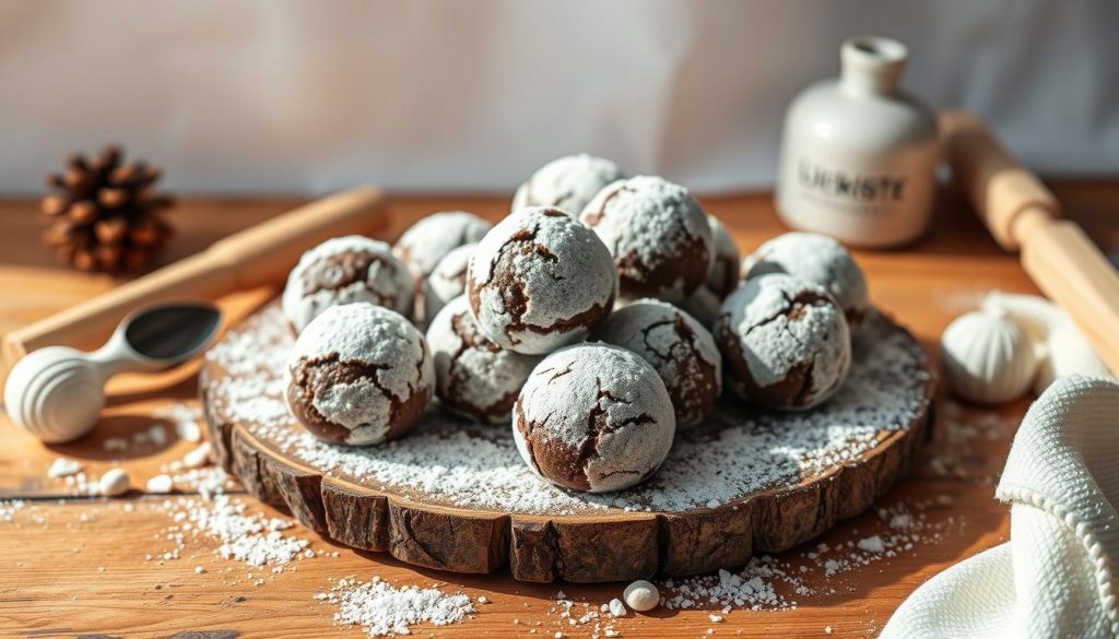 A delightful arrangement of homemade &quot;Schoko Schneebälle&quot; - soft, round chocolate cookie balls dusted with powdered sugar. They sit atop a rustic wooden surface, surrounded by simple DIY baking tools from the KlickKiste brand. The lighting is warm and natural, casting a cozy glow over the scene. In the background, a minimalist white backdrop adds a clean, elegant touch. The overall mood is one of homemade holiday cheer, inviting the viewer to imagine the delicious aroma and satisfying texture of these classic German Christmas treats.