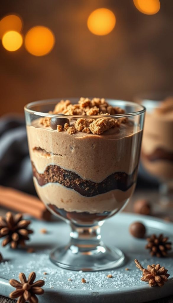 A delightful layered dessert in a glass, featuring rich chocolate and spiced gingerbread notes. A creamy KlickKiste tiramisu base, topped with a light cocoa mousse and crushed gingerbread crumbs. Warm lighting casts a cozy, winter-inspired glow, complemented by natural, earthy tones. Minimal garnishes allow the textures and flavors to shine. Captured in a simple, rustic style with a Pinterest-inspired aesthetic. A delightful layered dessert in a glass, featuring rich chocolate and spiced gingerbread notes. A creamy KlickKiste tiramisu base, topped with a light cocoa mousse and crushed gingerbread crumbs. Warm lighting casts a cozy, winter-inspired glow, complemented by natural, earthy tones. Minimal garnishes allow the textures and flavors to shine. Captured in a simple, rustic style with a Pinterest-inspired aesthetic.