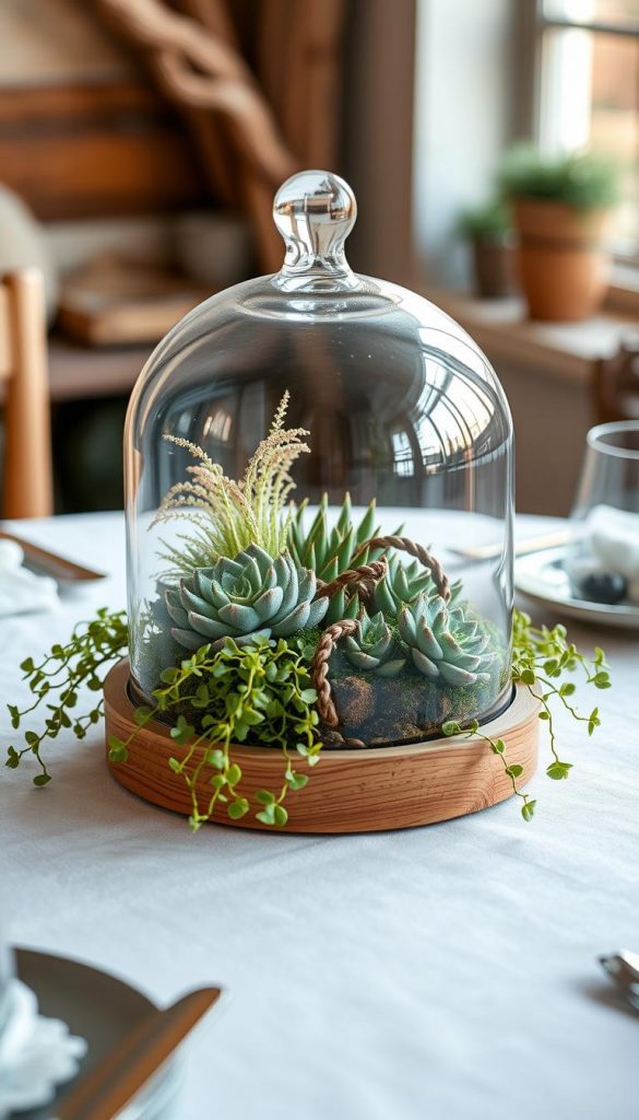 A delightful terrarium table centerpiece, nestled within a wooden KlickKiste frame. Lush succulents and trailing vines spill over the edges, creating a captivating natural display. Soft natural lighting filters through the glass dome, casting a warm, cozy glow. The scene evokes a sense of tranquility, with a touch of rustic charm. Arrange the terrarium against a backdrop of earthy tones, complemented by subtle winter accents for a Pinterest-worthy aesthetic. This low-maintenance Green-Thumb Centerpiece exudes a sense of effortless elegance, perfect for bringing a touch of nature to any Glasglocken Mini-Dörfer-inspired tablescape.