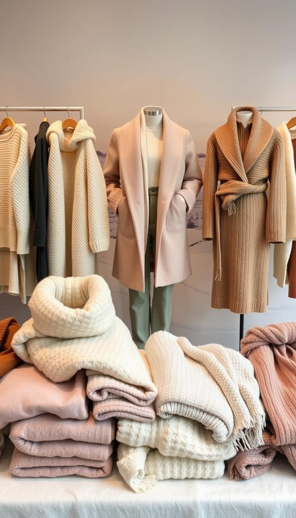 A detailed layering guide showcasing cozy winter outfits. In the foreground, an artfully arranged display of various textured knits, fleece, and woolen garments in a harmonious color palette of creams, beiges, and dusty pinks. The middle ground features a well-styled mannequin wearing a chic layered ensemble, highlighting the versatility and practicality of the pieces. The background depicts a minimalist winter landscape, with soft, diffused lighting evoking a warm, inviting atmosphere. The overall composition conveys a sense of effortless style and seasonal comfort, inspiring the viewer to embrace the art of layering for the winter season ahead.